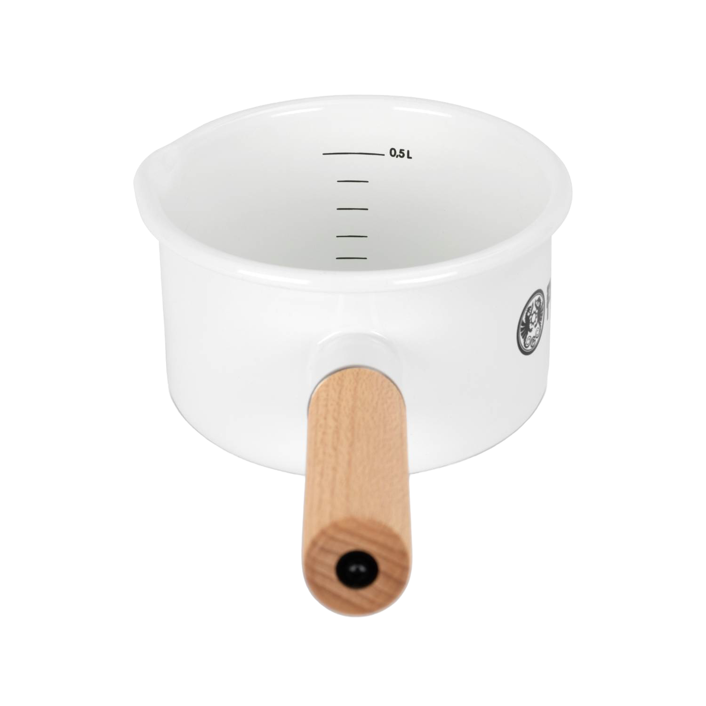 White enamel pan with a wooden handle featuring internal measurement markings in liters, designed for camping and outdoor cooking in Farm, Garden & Tool, Kitchen & Food, Camping, Cookware collections.