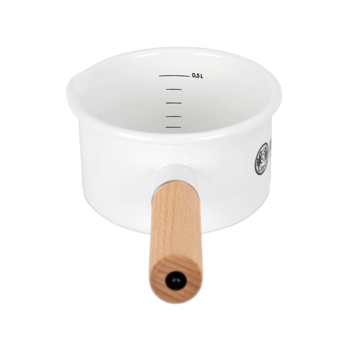 White enamel pan with a wooden handle featuring internal measurement markings in liters, designed for camping and outdoor cooking in Farm, Garden & Tool, Kitchen & Food, Camping, Cookware collections.