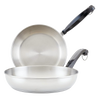 Two stainless steel skillets with black handles, featuring thick aluminum cores for even heating, ideal for Kitchen & Food, Cookware, Pots and Pans, Best Sellers, and Promo Eligible collections.