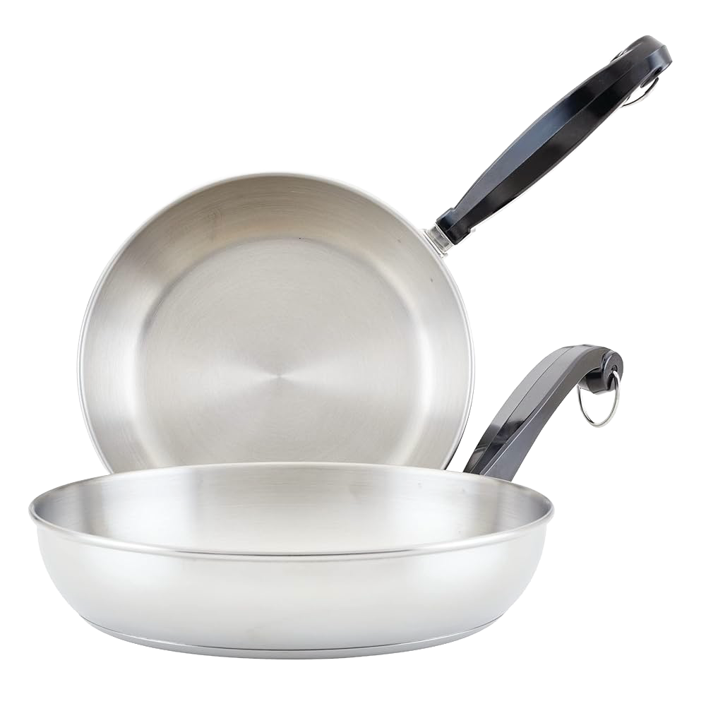 Two stainless steel skillets with black handles, featuring thick aluminum cores for even heating, ideal for Kitchen & Food, Cookware, Pots and Pans, Best Sellers, and Promo Eligible collections.