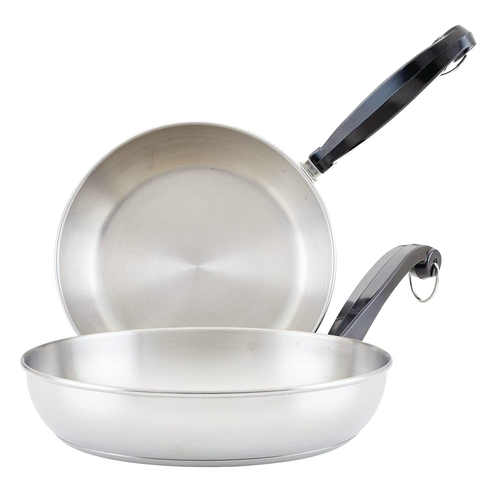 Two stainless steel skillets with black handles, featuring thick aluminum cores for even heating, ideal for Kitchen & Food, Cookware, Pots and Pans, Best Sellers, and Promo Eligible collections.