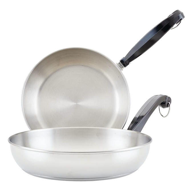 Two stainless steel skillets with black handles, featuring thick aluminum cores for even heating, ideal for Kitchen & Food, Cookware, Pots and Pans, Best Sellers, and Promo Eligible collections.