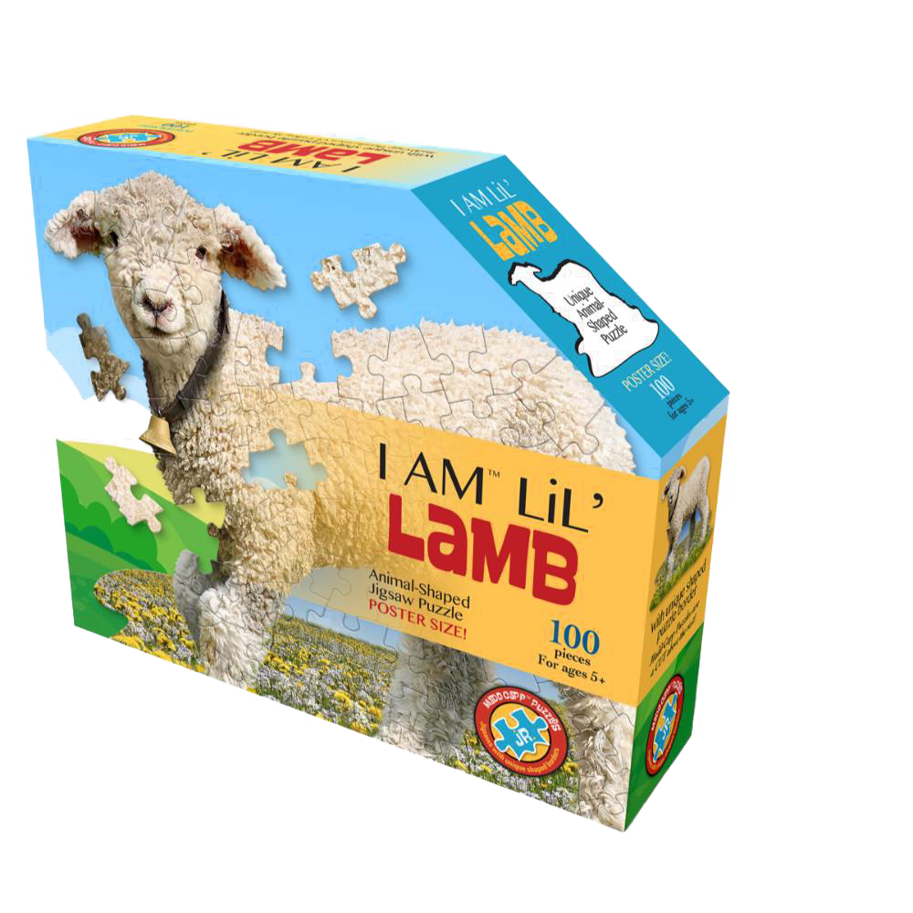 Colorful animal-shaped jigsaw puzzle box featuring a unique lamb design with 100 large pieces, ideal for children's toys, games and puzzles, and best sellers collections.