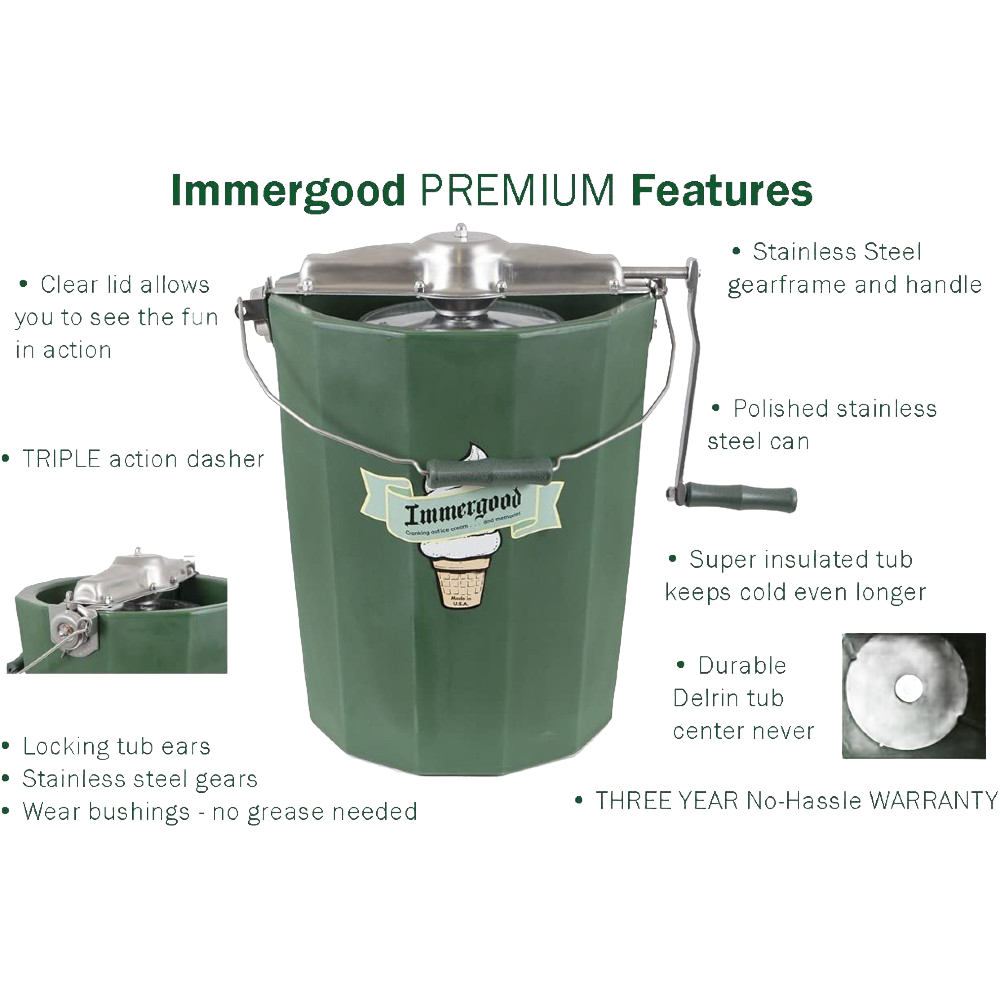 Handcrafted green metal ice cream freezer with polished stainless steel lid, sturdy crank handle, and vintage ice cream cone logo, Amish made in USA, ideal for kitchen and food specialty equipment.