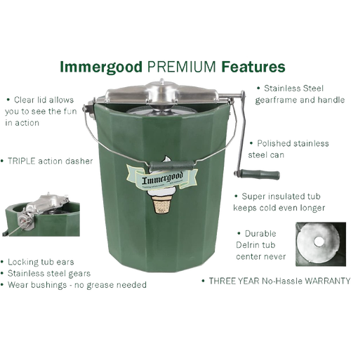 Handcrafted green metal ice cream freezer with polished stainless steel lid, sturdy crank handle, and vintage ice cream cone logo, Amish made in USA, ideal for kitchen and food specialty equipment.