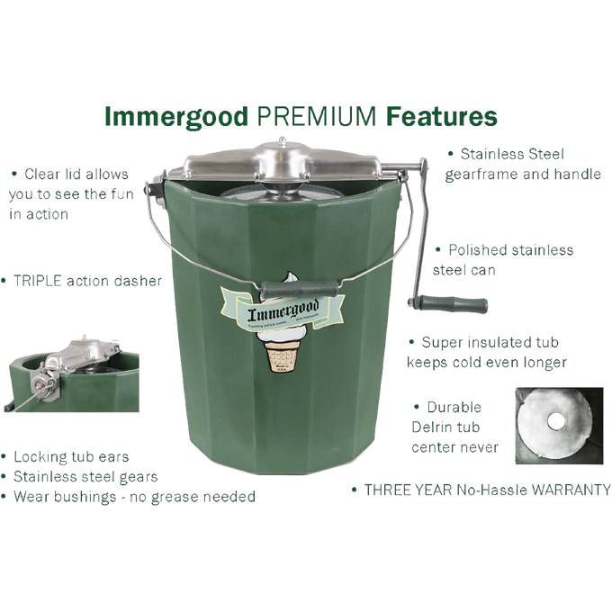 Handcrafted green metal ice cream freezer with polished stainless steel lid, sturdy crank handle, and vintage ice cream cone logo, Amish made in USA, ideal for kitchen and food specialty equipment.