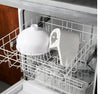 White plastic components of an electric tomato strainer placed in an open dishwasher rack, illustrating easy cleaning for Kitchen & Food, Food Prep, and Food Mills collections.