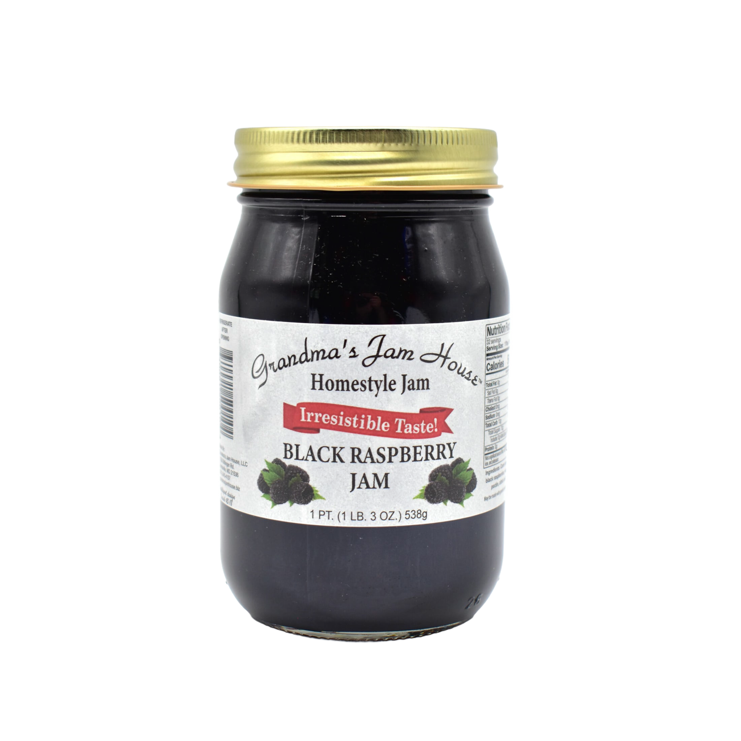 Handcrafted jar of black raspberry jam with gold lid and white label featuring raspberry illustrations and "Irresistible Taste" banner, made in USA, ideal for Kitchen & Food, Pantry, Peanut Butter & Jellies, USA Made, Best Sellers, and Promo Eligible collections.