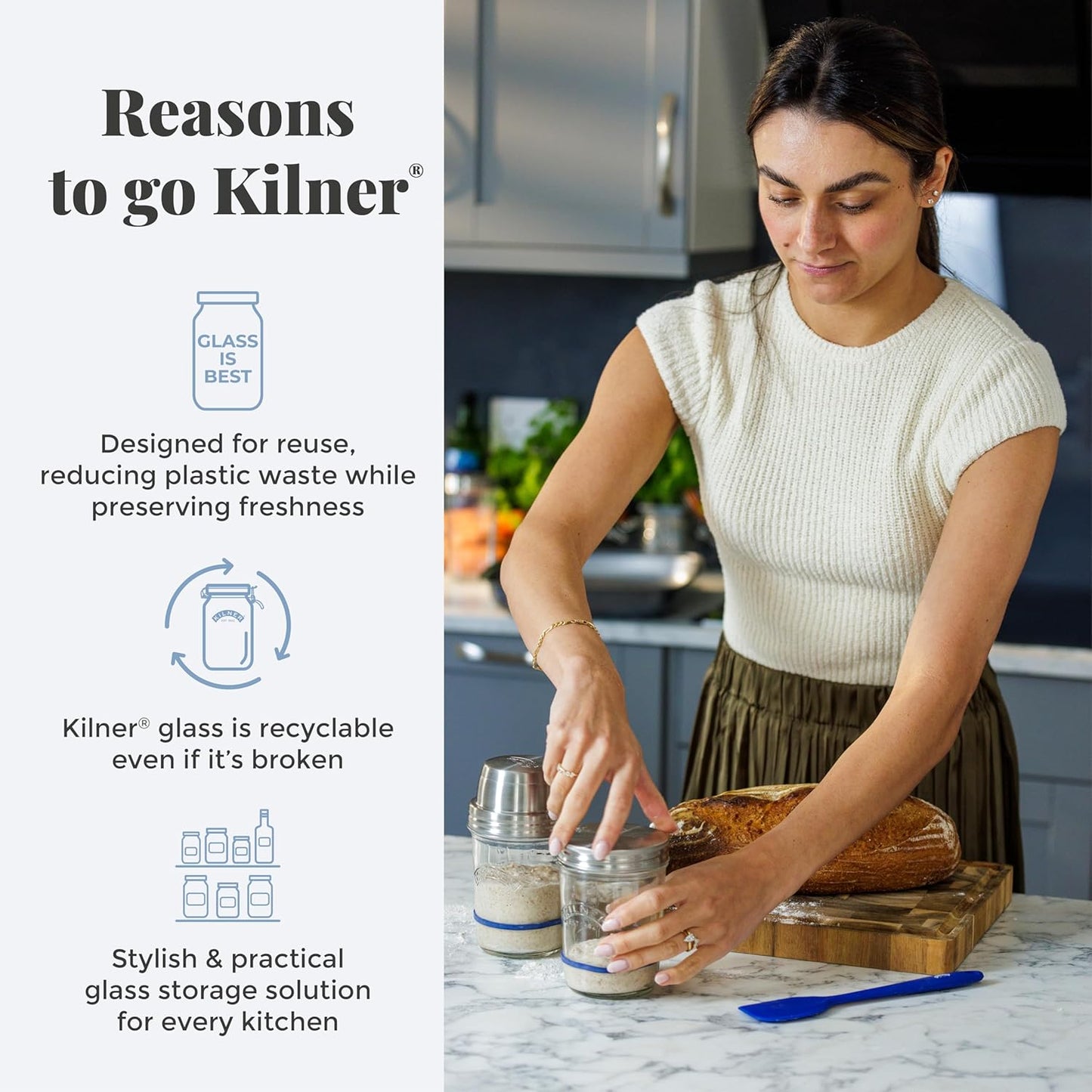 Woman in modern kitchen using handcrafted Kilner glass jars for sourdough starter alongside bread, highlighting reusable, recyclable, and stylish storage in Kitchen & Food collections.