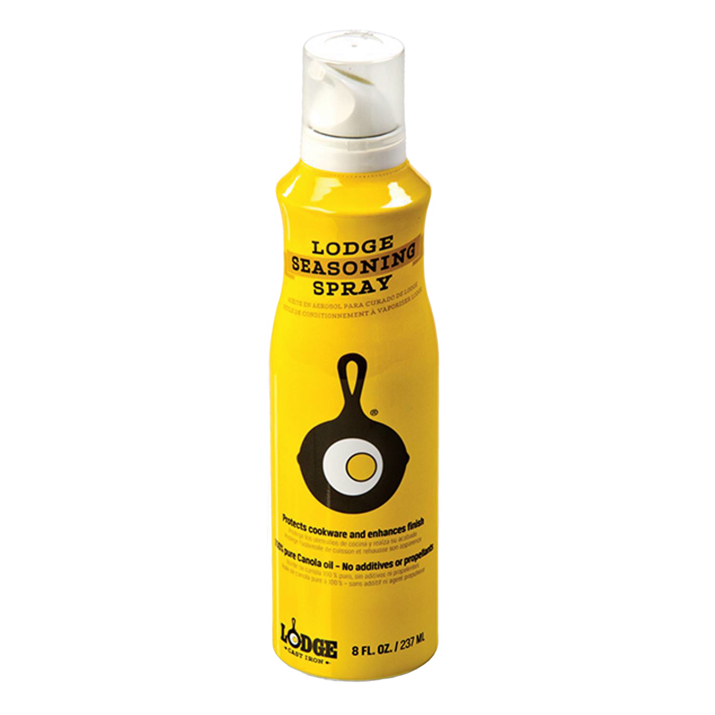 Yellow can of cooking spray with black cast iron skillet and fried egg graphic, designed to protect and enhance seasoned cookware, suitable for Kitchen & Food, Cookware, Cast Iron collections.