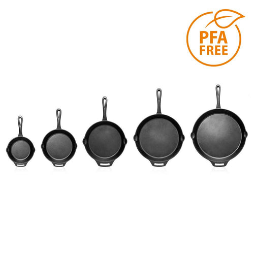 Set of five cast iron skillets in varying sizes with long handles and helper grips, showcasing handcrafted durability for Farm, Garden & Tool, Kitchen & Food, Camping, Cookware, Cast Iron, Best Sellers, and Promo Eligible collections.
