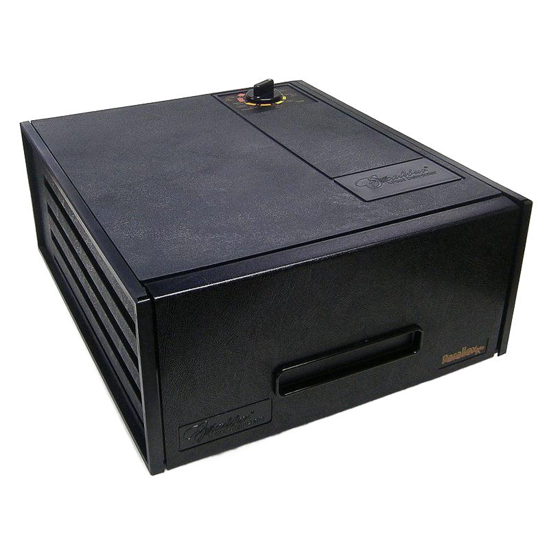 Black electric food dryer with a compact rectangular design, featuring a single control knob on top and vented sides, designed for efficient food preservation in Kitchen & Food and USA Made collections.
