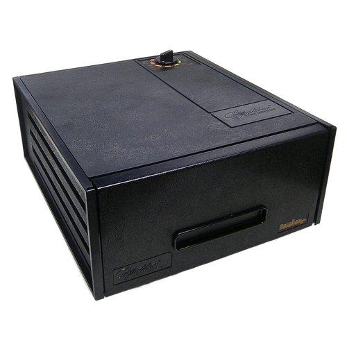 Black electric food dryer with a compact rectangular design, featuring a single control knob on top and vented sides, designed for efficient food preservation in Kitchen & Food and USA Made collections.