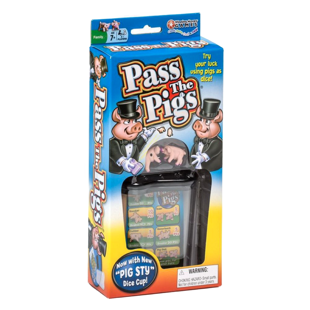 Bright blue and yellow boxed game featuring cartoon pigs in tuxedos, including a clear plastic "pig sty" dice cup with two pig dice, perfect for Toys, Books & Games and Table and Board Games collections.