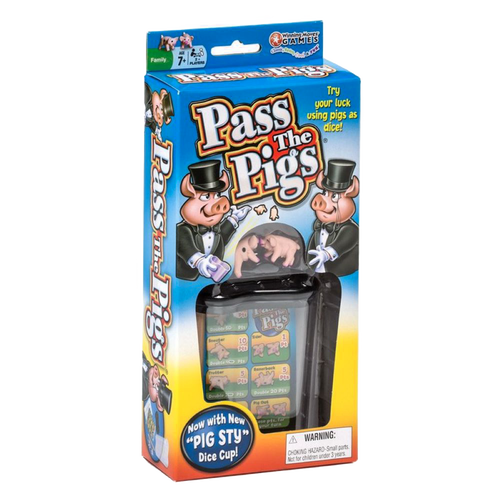 Bright blue and yellow boxed game featuring cartoon pigs in tuxedos, including a clear plastic "pig sty" dice cup with two pig dice, perfect for Toys, Books & Games and Table and Board Games collections.