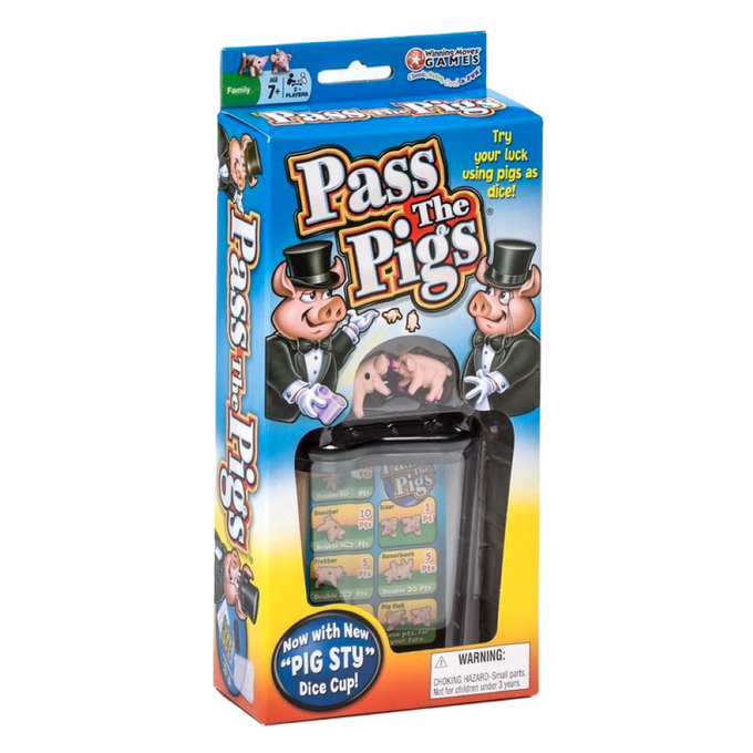 Bright blue and yellow boxed game featuring cartoon pigs in tuxedos, including a clear plastic "pig sty" dice cup with two pig dice, perfect for Toys, Books & Games and Table and Board Games collections.