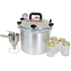 Handcrafted heavy-duty aluminum pressure canner with secure locking lid and gauge, featuring glass jars with metal lids and a metal funnel with stand, ideal for Kitchen & Food and Food Preservation collections.