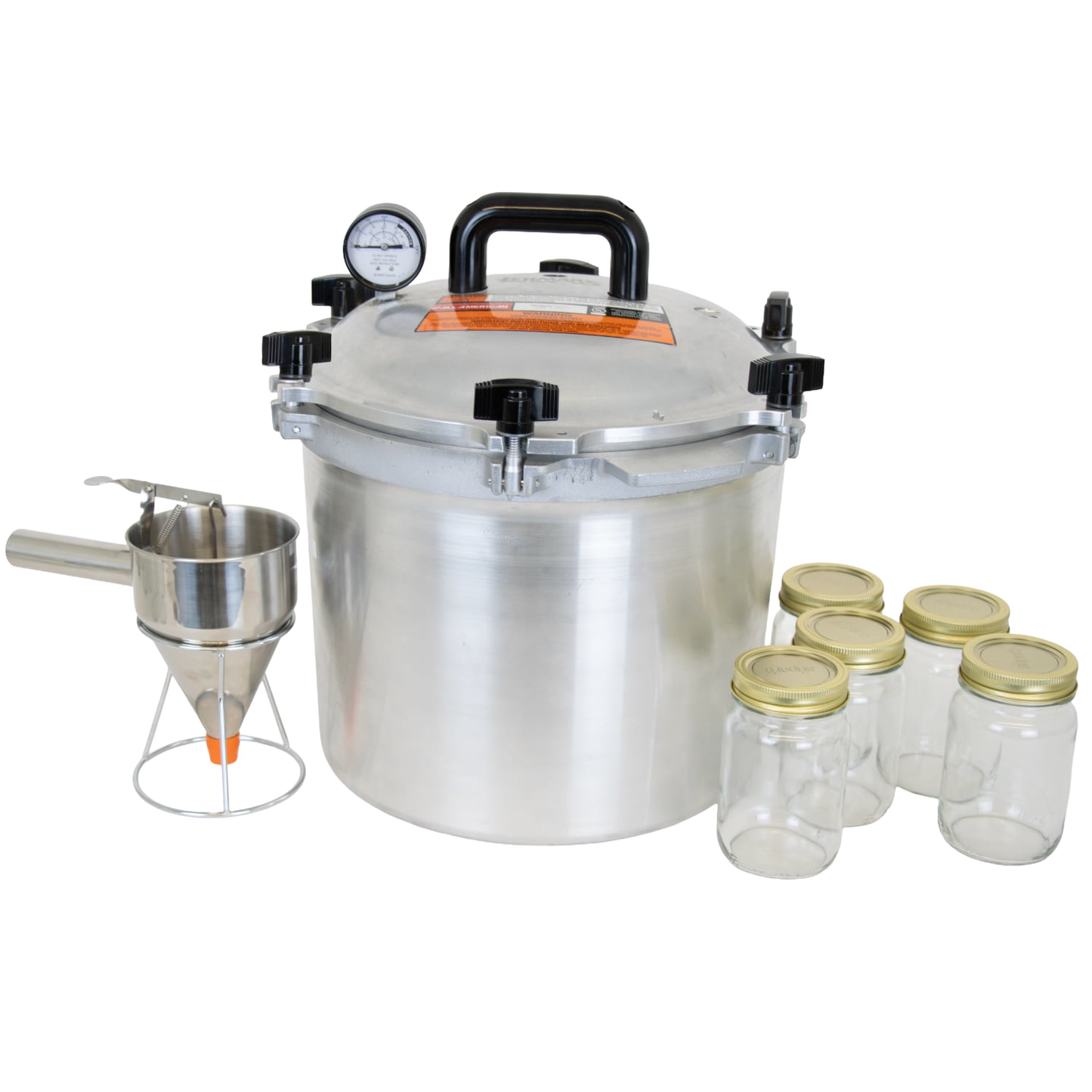 Handcrafted heavy-duty aluminum pressure canner with secure locking lid and gauge, featuring glass jars with metal lids and a metal funnel with stand, ideal for Kitchen & Food and Food Preservation collections.