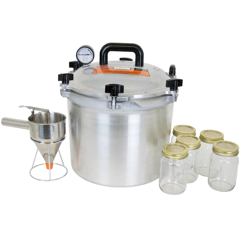 Handcrafted heavy-duty aluminum pressure canner with secure locking lid and gauge, featuring glass jars with metal lids and a metal funnel with stand, ideal for Kitchen & Food and Food Preservation collections.