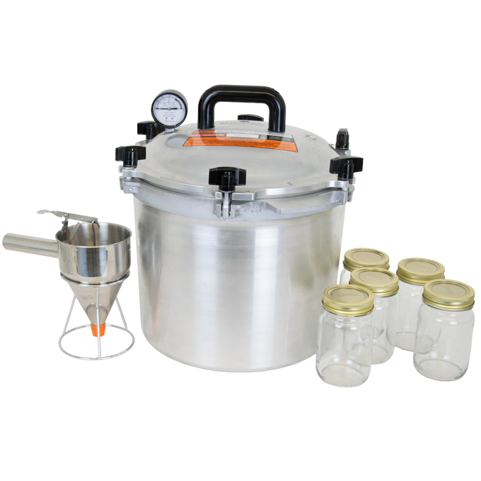 Handcrafted heavy-duty aluminum pressure canner with secure locking lid and gauge, featuring glass jars with metal lids and a metal funnel with stand, ideal for Kitchen & Food and Food Preservation collections.