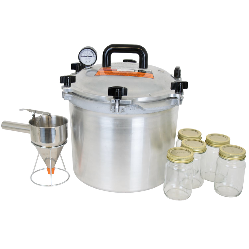 Handcrafted heavy-duty aluminum pressure canner with secure locking lid and gauge, featuring glass jars with metal lids and a metal funnel with stand, ideal for Kitchen & Food and Food Preservation collections.