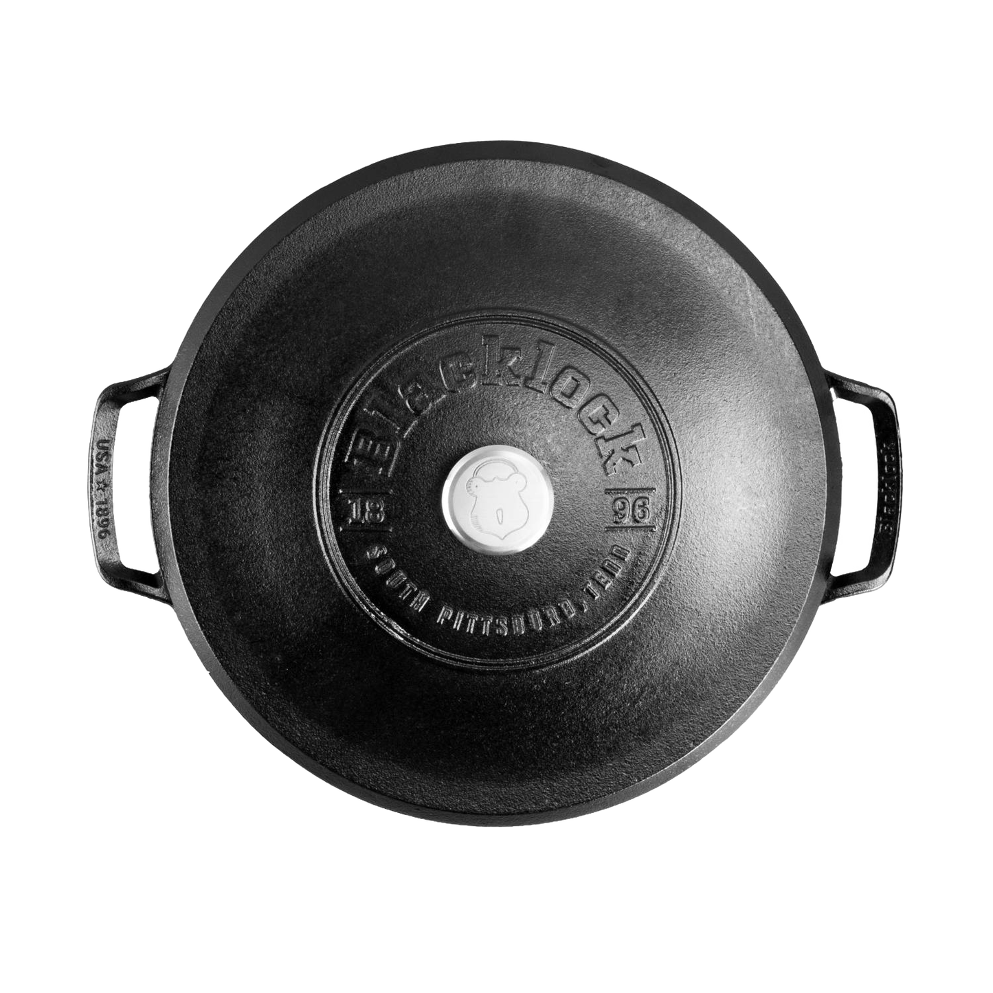 Black cast iron braiser lid with embossed Blacklock logo and raised handle grips, handcrafted and triple-seasoned for durable nonstick performance, made in USA, ideal for Kitchen & Food and Cast Iron collections.
