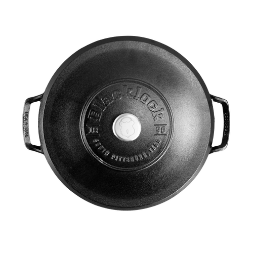 Black cast iron braiser lid with embossed Blacklock logo and raised handle grips, handcrafted and triple-seasoned for durable nonstick performance, made in USA, ideal for Kitchen & Food and Cast Iron collections.