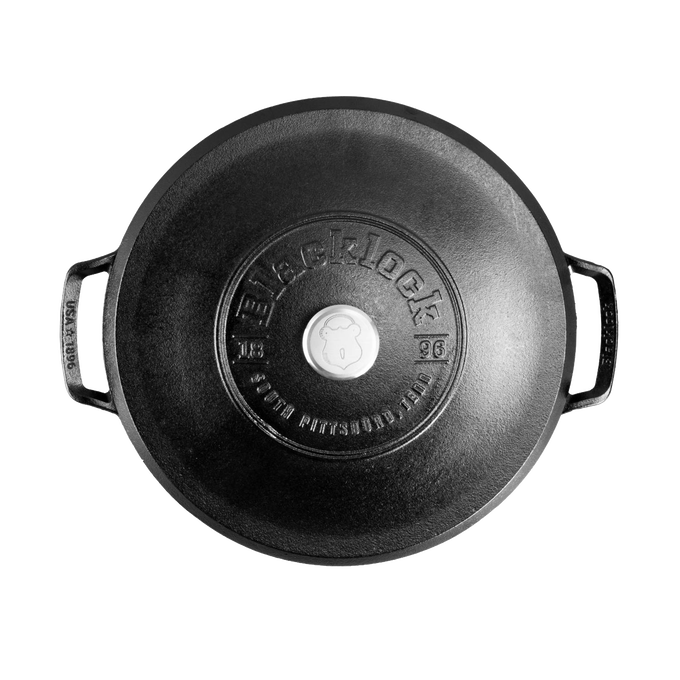 Black cast iron braiser lid with embossed Blacklock logo and raised handle grips, handcrafted and triple-seasoned for durable nonstick performance, made in USA, ideal for Kitchen & Food and Cast Iron collections.
