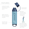 Light blue mini water filter with dark blue leak-proof caps, one-handed flip top, integrated pre-filter sleeve, and backwash syringe, designed for camping and emergency supplies.