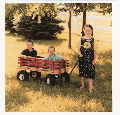 Children enjoying a handcrafted Lehman’s Best Wagon with sturdy air-filled rubber tires on a sunny grassy lawn, part of outdoor play and children’s toys collections.
