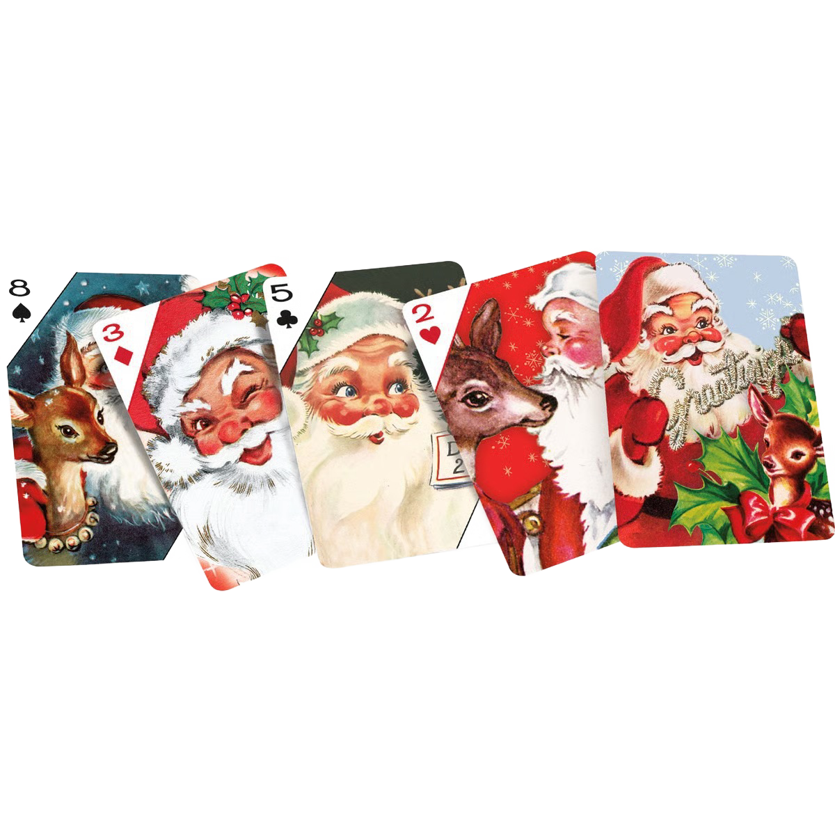 Set of handcrafted vintage-style playing cards featuring cheerful Santa Claus and reindeer illustrations, perfect for adding festive charm to Home & Decor, Holiday Decor, Best Sellers, and Promo Eligible collections.