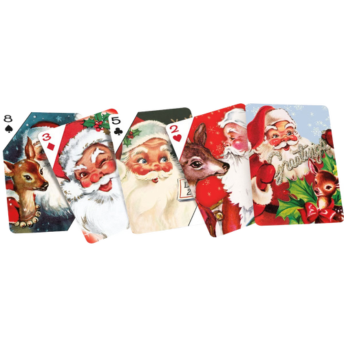 Set of handcrafted vintage-style playing cards featuring cheerful Santa Claus and reindeer illustrations, perfect for adding festive charm to Home & Decor, Holiday Decor, Best Sellers, and Promo Eligible collections.