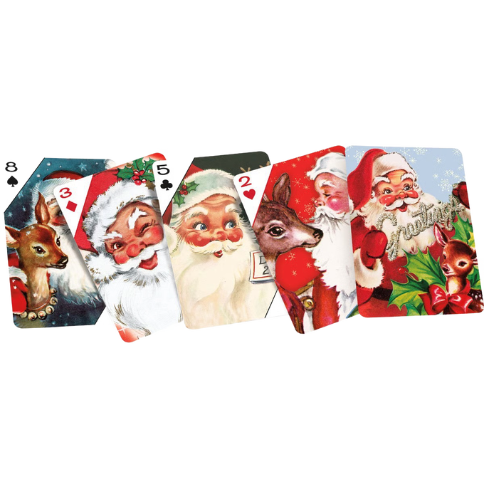 Set of handcrafted vintage-style playing cards featuring cheerful Santa Claus and reindeer illustrations, perfect for adding festive charm to Home & Decor, Holiday Decor, Best Sellers, and Promo Eligible collections.