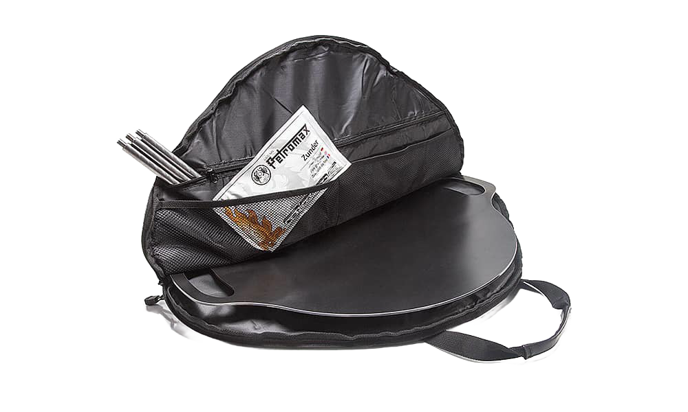 Black durable transport bag unzipped to reveal a flat griddle and metal tools inside mesh pockets, designed for safe carrying and storage in Farm, Garden & Tool and Camping collections.