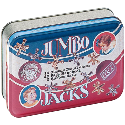 Handcrafted metal jacks game in a vintage-style tin box with two rubber balls and a 20-page instruction handbook, made in USA, featured in Toys, Books & Games, USA Made, Children's Toys, and Best Sellers collections.