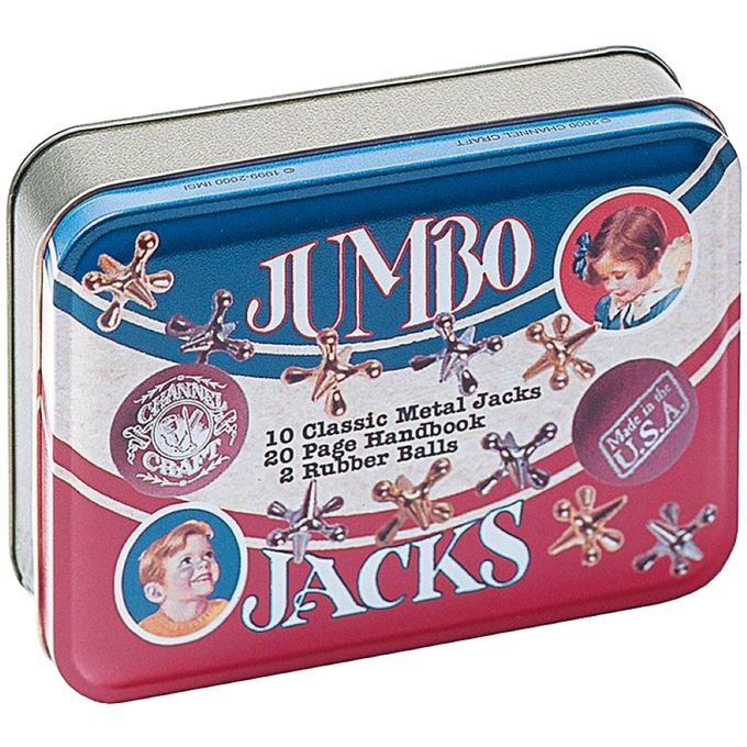 Handcrafted metal jacks game in a vintage-style tin box with two rubber balls and a 20-page instruction handbook, made in USA, featured in Toys, Books & Games, USA Made, Children's Toys, and Best Sellers collections.