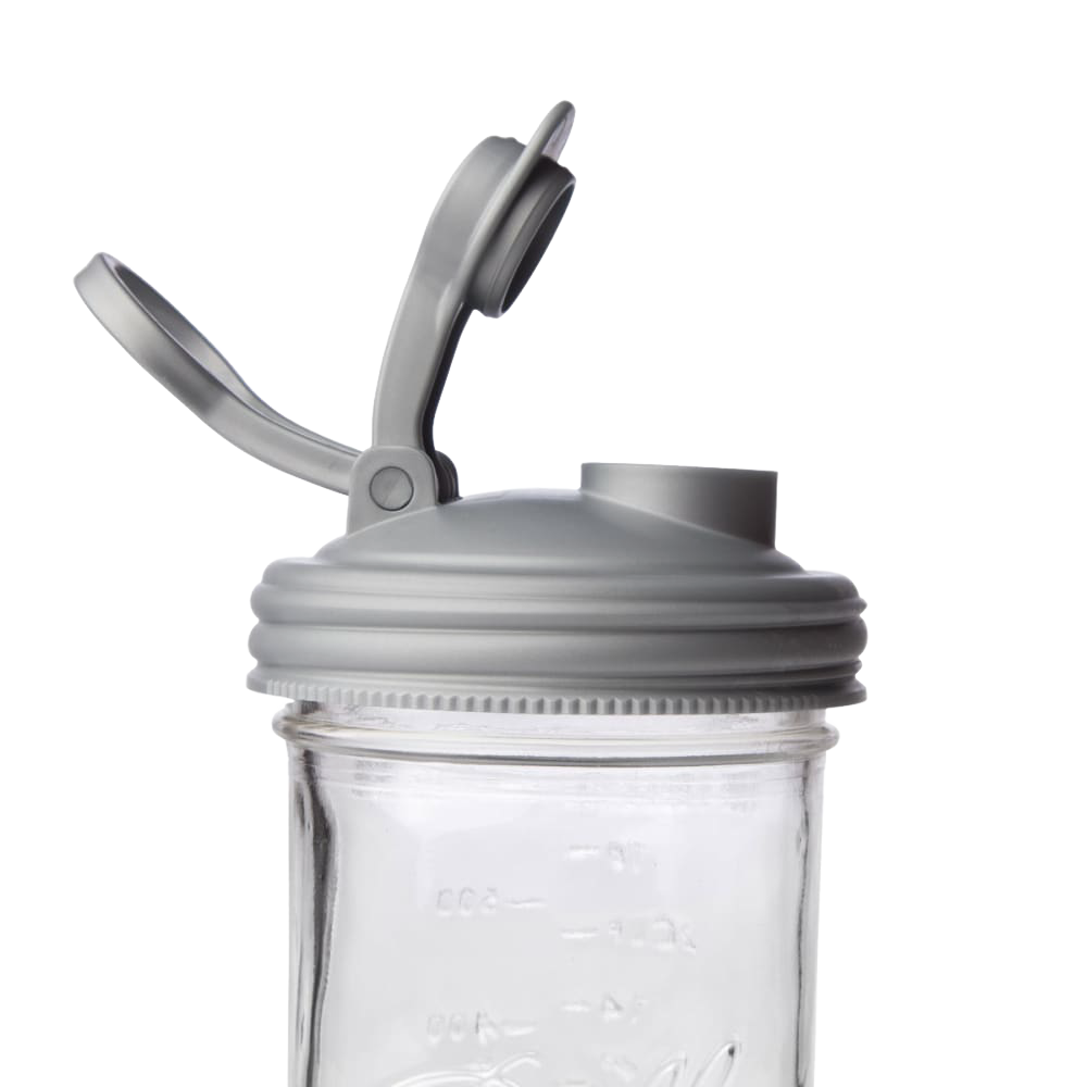 Gray wide-mouth pour lid with flip-top spout and carry loop, crafted from durable no-break plastic, designed for mason jars, featured in Kitchen & Food, Kitchen Gadgets, USA Made, and Best Sellers collections.