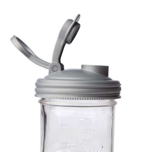 Gray wide-mouth pour lid with flip-top spout and carry loop, crafted from durable no-break plastic, designed for mason jars, featured in Kitchen & Food, Kitchen Gadgets, USA Made, and Best Sellers collections.