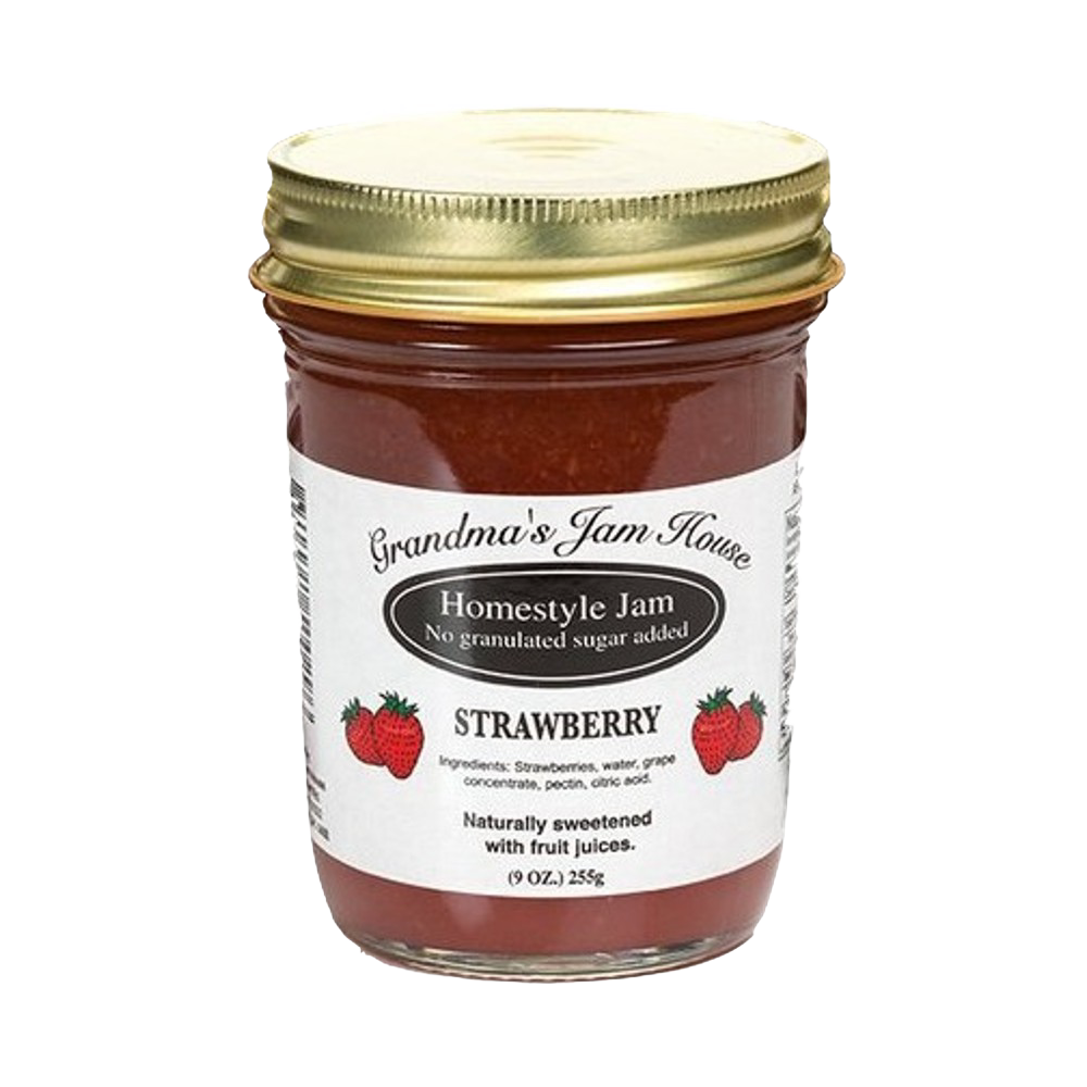 Glass jar of handcrafted strawberry jam with no granulated sugar added and naturally sweetened with fruit juices, ideal for Kitchen & Food, Food, Peanut Butter & Jellies, USA Made, Best Sellers, and Promo Eligible collections.