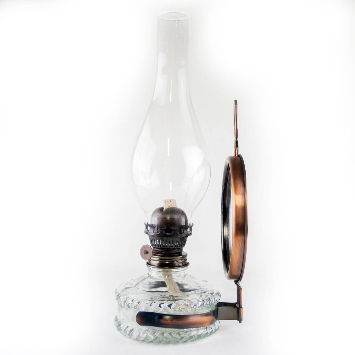 Handcrafted reflector oil lamp with clear glass base, removable copper-toned mirror reflector, and tall glass chimney, suitable for Lamps & Lighting, Oil Lamps, Wall Lamps, Best Sellers, Promo Eligible, and Sale collections.
