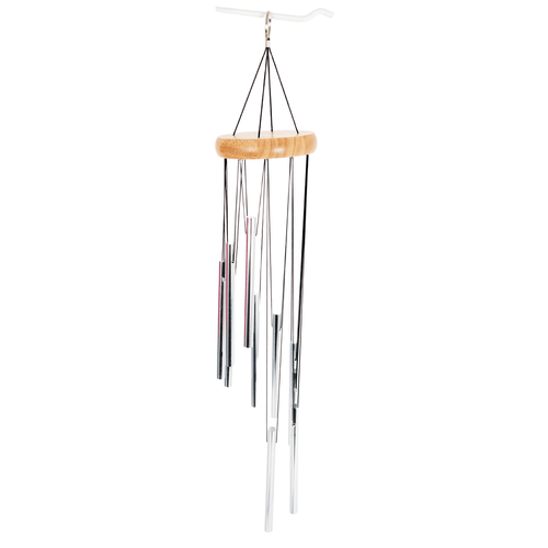 Handcrafted spiral windchime with polished silver tubes and a natural wood top ring, designed for peaceful outdoor soundscapes in garden and farm accessory collections.