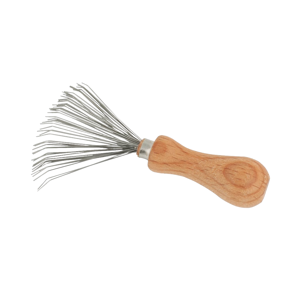 Handcrafted comb and brush cleaner with a smooth oiled beechwood handle and flexible wire tines, designed for easy hair removal, featured in Health & Wellness and Grooming collections.