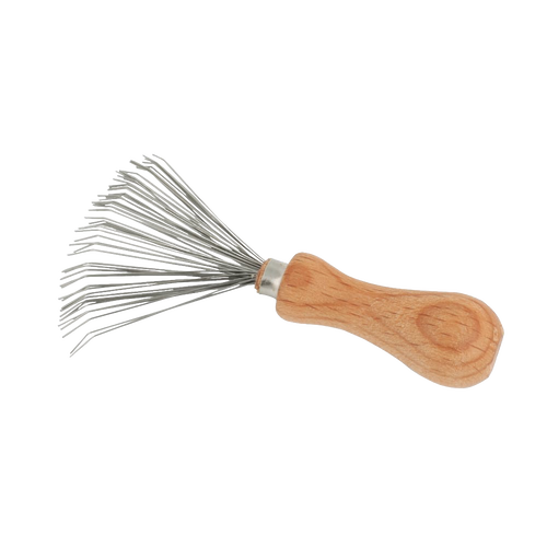 Handcrafted comb and brush cleaner with a smooth oiled beechwood handle and flexible wire tines, designed for easy hair removal, featured in Health & Wellness and Grooming collections.