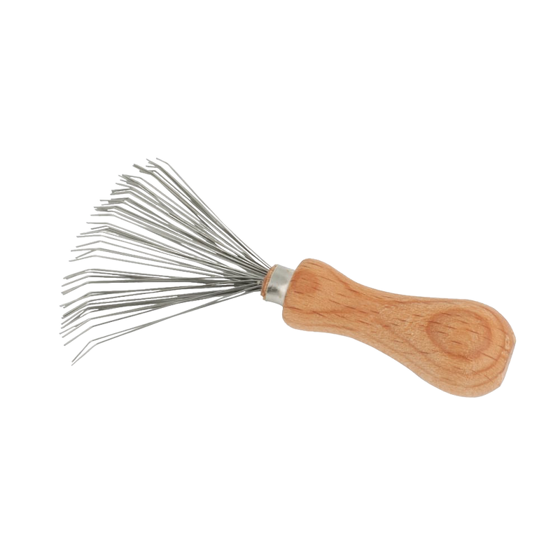 Handcrafted comb and brush cleaner with a smooth oiled beechwood handle and flexible wire tines, designed for easy hair removal, featured in Health & Wellness and Grooming collections.
