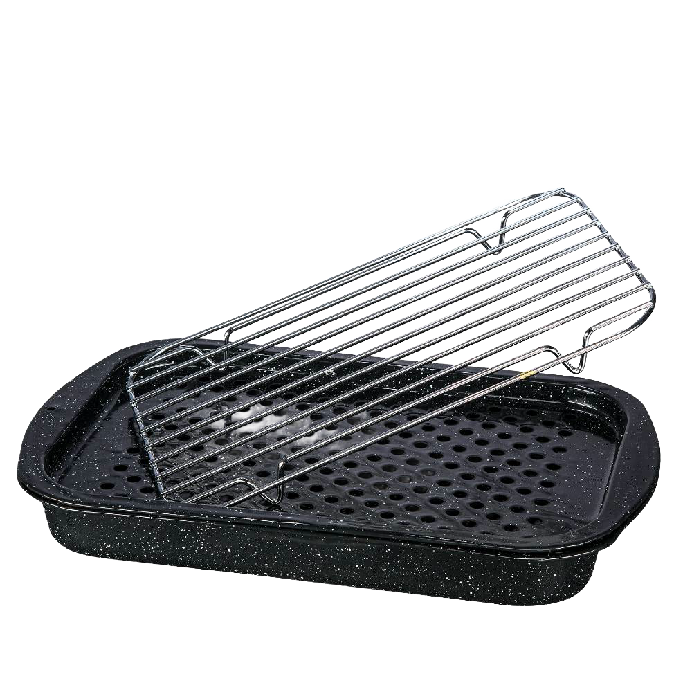 Black speckled enamelware bake pan with perforated base and matching grill rack, designed for versatile cooking in Kitchen & Food, Cookware, Pots and Pans, and Best Sellers collections.