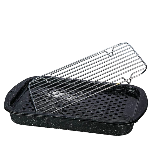 Black speckled enamelware bake pan with perforated base and matching grill rack, designed for versatile cooking in Kitchen & Food, Cookware, Pots and Pans, and Best Sellers collections.