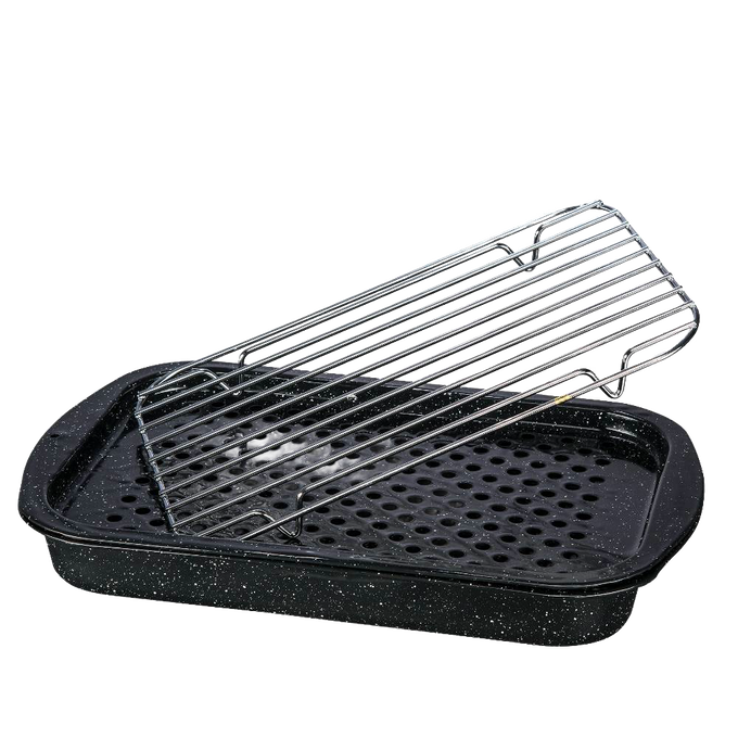 Black speckled enamelware bake pan with perforated base and matching grill rack, designed for versatile cooking in Kitchen & Food, Cookware, Pots and Pans, and Best Sellers collections.