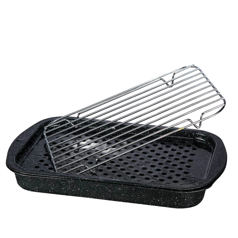 Black speckled enamelware bake pan with perforated base and matching grill rack, designed for versatile cooking in Kitchen & Food, Cookware, Pots and Pans, and Best Sellers collections.