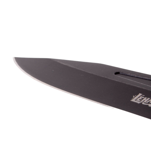 Close-up of a blackened stainless steel knife blade with partial Lehman's logo, featuring a rugged design from Pocket Knives and Farm, Garden & Tool collections.