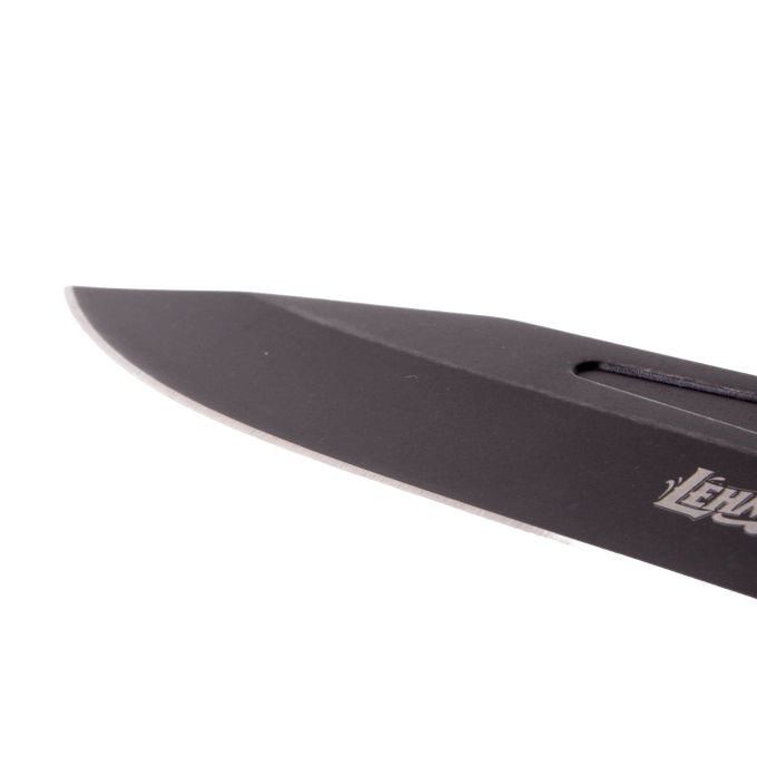 Close-up of a blackened stainless steel knife blade with partial Lehman's logo, featuring a rugged design from Pocket Knives and Farm, Garden & Tool collections.